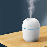Mini Ultrasonic Humidifier with Atmosphere Lamp, 220mL Capacity, White with Blue Accent, 20dB Whisper-Quiet, Multicolored LED Lights, Aromatherapy Compatible, USB Powered