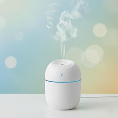 Mini Ultrasonic Humidifier with Atmosphere Lamp, 220mL Capacity, White with Blue Accent, 20dB Whisper-Quiet, Multicolored LED Lights, Aromatherapy Compatible, USB Powered