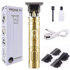 VINTAGE T9 Professional Hair Clipper, Gold Metal Body Beard Trimmer with USB Charging, Adjustable Blade, 4 Guide Combs, Cleaning Brush