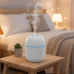 Mini Ultrasonic Humidifier with Atmosphere Lamp, 220mL Capacity, White with Blue Accent, 20dB Whisper-Quiet, Multicolored LED Lights, Aromatherapy Compatible, USB Powered