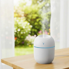 Mini Ultrasonic Humidifier with Atmosphere Lamp, 220mL Capacity, White with Blue Accent, 20dB Whisper-Quiet, Multicolored LED Lights, Aromatherapy Compatible, USB Powered