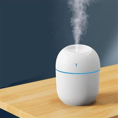 Mini Ultrasonic Humidifier with Atmosphere Lamp, 220mL Capacity, White with Blue Accent, 20dB Whisper-Quiet, Multicolored LED Lights, Aromatherapy Compatible, USB Powered