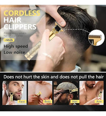 VINTAGE T9 Professional Hair Clipper, Gold Metal Body Beard Trimmer with USB Charging, Adjustable Blade, 4 Guide Combs, Cleaning Brush