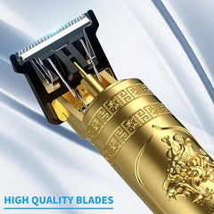 VINTAGE T9 Professional Hair Clipper, Gold Metal Body Beard Trimmer with USB Charging, Adjustable Blade, 4 Guide Combs, Cleaning Brush