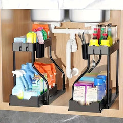 2-Tier L-Shape Sliding Under Sink Organizer, Pull Out Storage Rack for Kitchen Bathroom