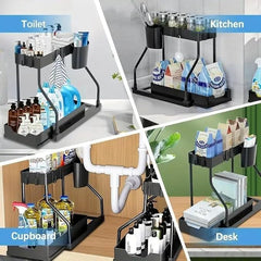 2-Tier L-Shape Sliding Under Sink Organizer, Pull Out Storage Rack for Kitchen Bathroom